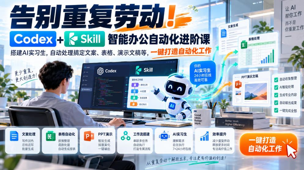 告别重复劳动！Codex+Skill智能办公自动化进阶课｜搭建AI实习生，自动处理搞定文案、表格、演示文稿等，一键打造自动化工作 - 福创网
