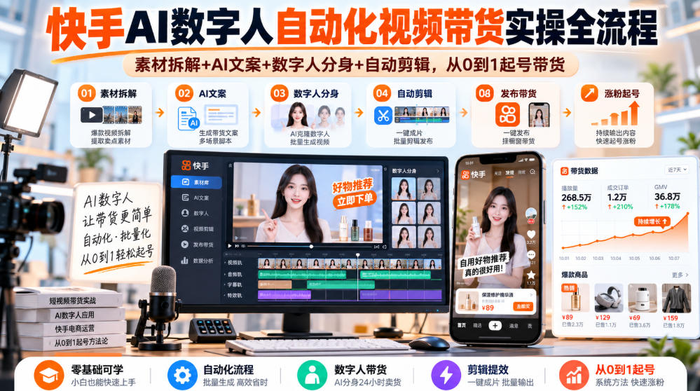 快手AI数字人自动化视频带货实操全流程｜素材拆解+AI文案+数字人分身+自动剪辑，从0到1起号带货(更新26年) - 福创网