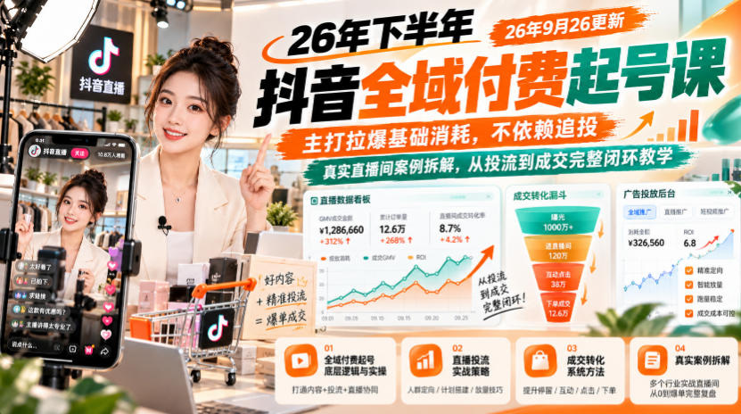26年下半年抖音全域付费起号课，主打拉爆基础消耗，不依赖追投，真实直播间案例拆解，从投流到成交完整闭环教学(更新1019) - 福创网
