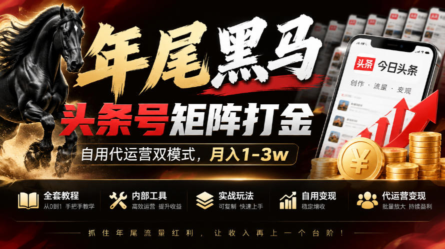 【年尾黑马】头条号矩阵打金，自用代运营双模式，月入1-3w，附全套教程及内部工具【揭秘】 - 福创网