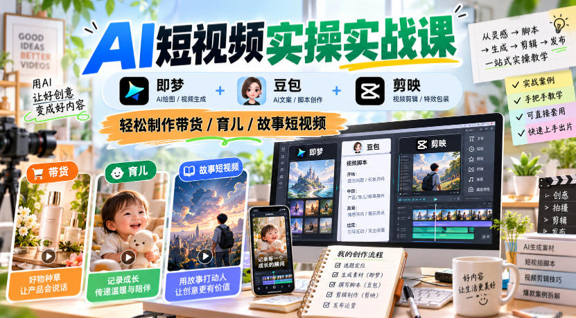 AI短视频实操实战课，即梦+豆包+剪映，轻松制作带货/育儿/故事短视频 - 福创网