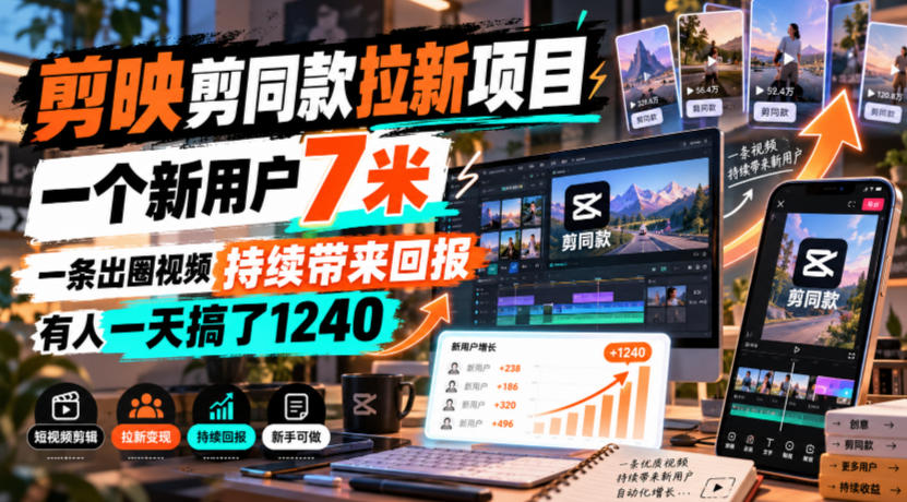 剪映剪同款拉新项目，一个新用户7米，一条出圈视频持续带来回报，有人一天搞了1240 - 福创网