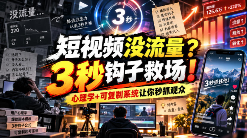 【无水印】短视频没流量？3秒钩子救场！心理学+可复制系统让你秒抓观众【原创双语字幕】 - 福创网