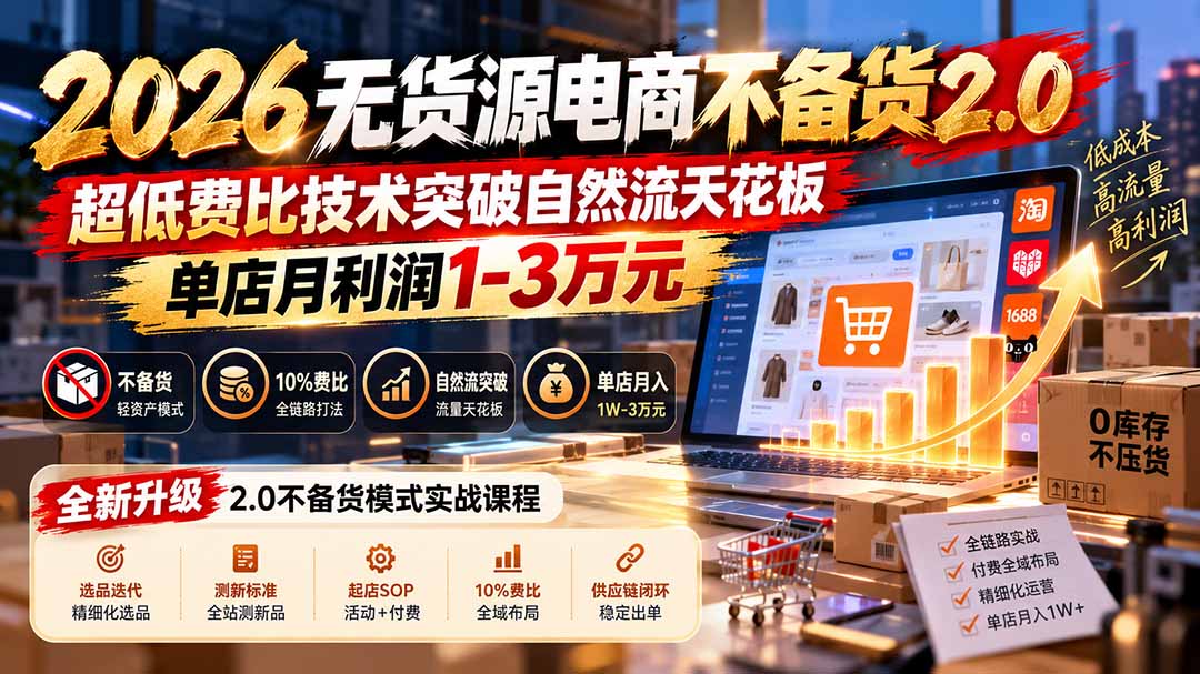2026无货源电商不备货2.0【更新1019】：超低费比技术突破自然流天花板，单店月利润1-3万元 - 福创网