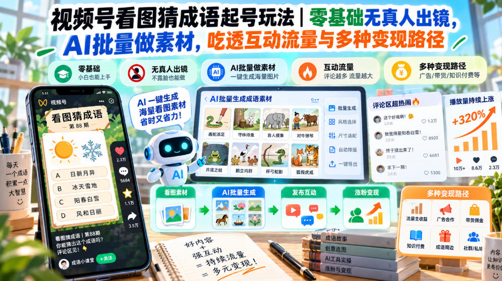 视频号看图猜成语起号玩法｜零基础无真人出镜，AI批量做素材，吃透互动流量与多种变现路径 - 福创网