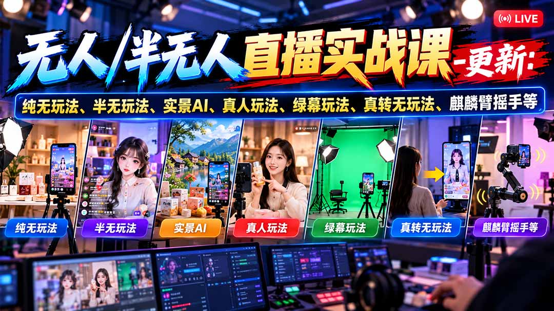 无人/半无人直播实战课-10月20更新：纯无玩法、半无玩法、实景AI、真人玩法、绿幕玩法、真转无玩法、麒麟臂摇手等 - 福创网