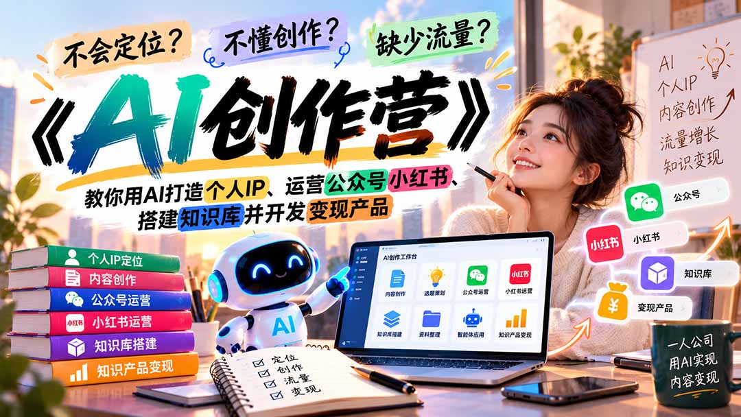 不会定位、不懂创作、缺少流量？《AI创作营》教你用AI打造个人IP、运营公众号小红书、搭建知识库并开发变现产品 - 福创网