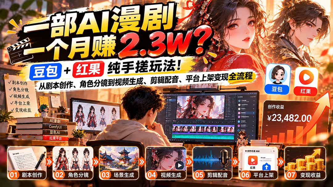 一部AI漫剧一个月赚2.3W？豆包+红果纯手搓玩法！从剧本创作、角色分镜到视频生成、剪辑配音、平台上架变现全流程 - 福创网