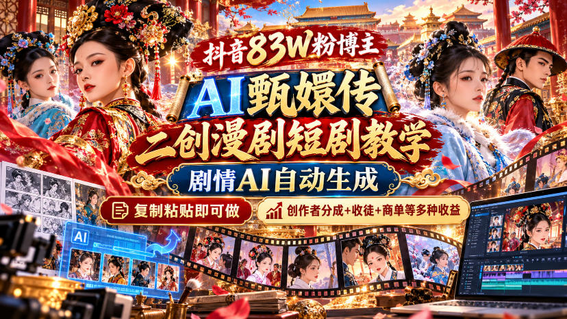 抖音83W粉博主AI甄嬛传二创漫剧短剧教学｜剧情AI自动生成，复制粘贴即可做，各大平台创作者分成+收徒等多种收益 - 福创网