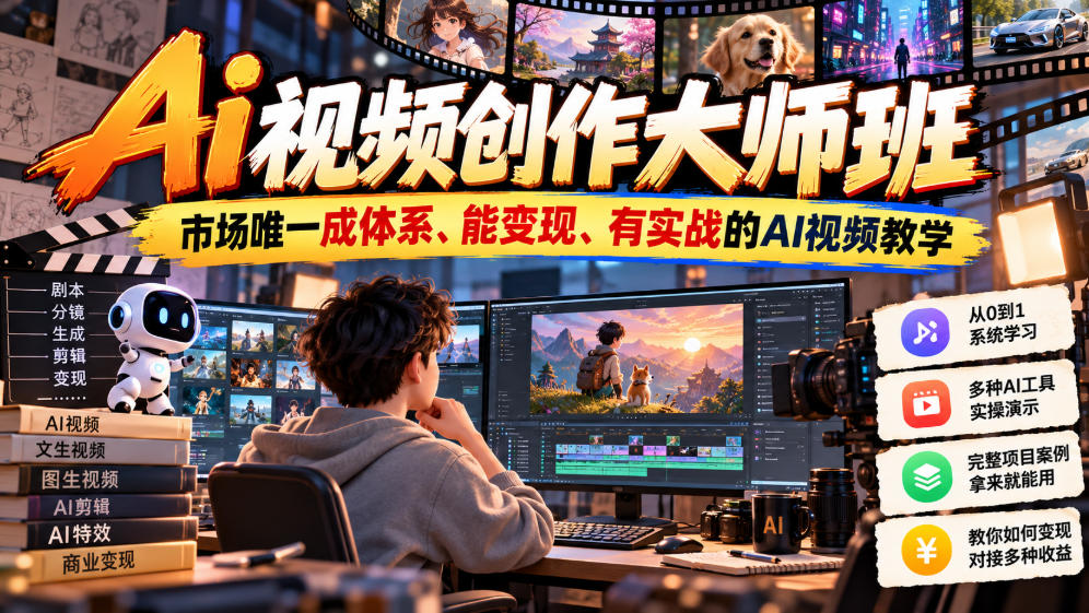 Ai视频创作大师班，市场唯一成体系、能变现、有实战的AI视频教学(更新2026) - 福创网