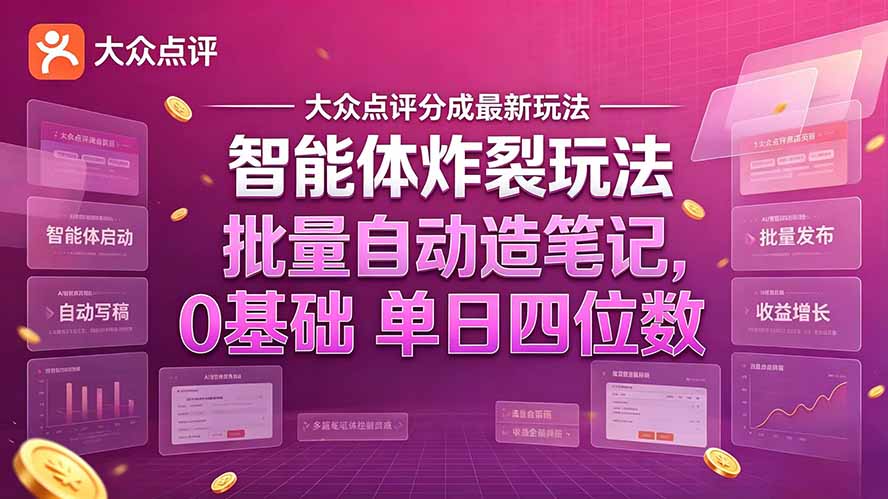 大众点评分成最新智能体炸裂玩法！批量自动造笔记，0基础干到单日四位数 - 福创网