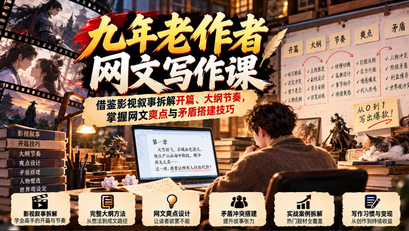 九年老作者网文写作课：借鉴影视叙事拆解开篇、大纲节奏，掌握网文爽点与矛盾搭建技巧 - 福创网