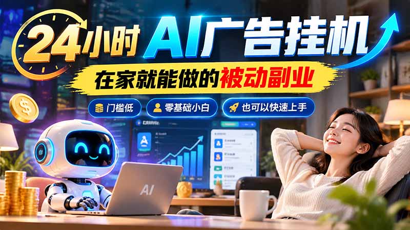 24小时AI广告挂机｜在家就能做的被动副业，门槛低，零基础小白也可以快速上手 - 福创网
