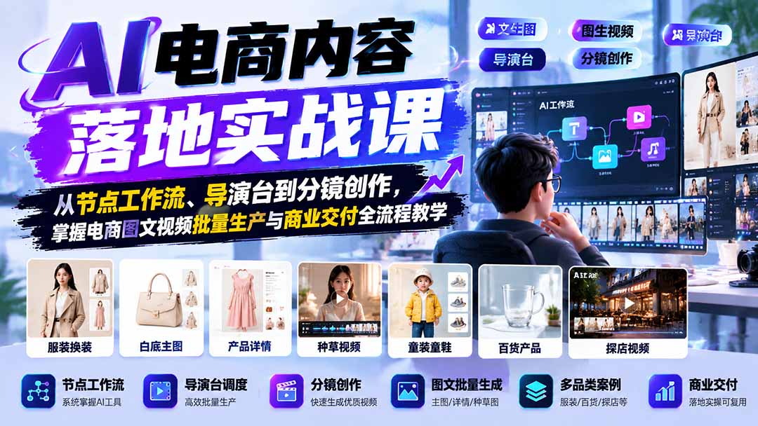 AI电商内容落地实战课：从节点工作流、导演台到分镜创作，掌握电商图文视频批量生产与商业交付全流程教学 - 福创网