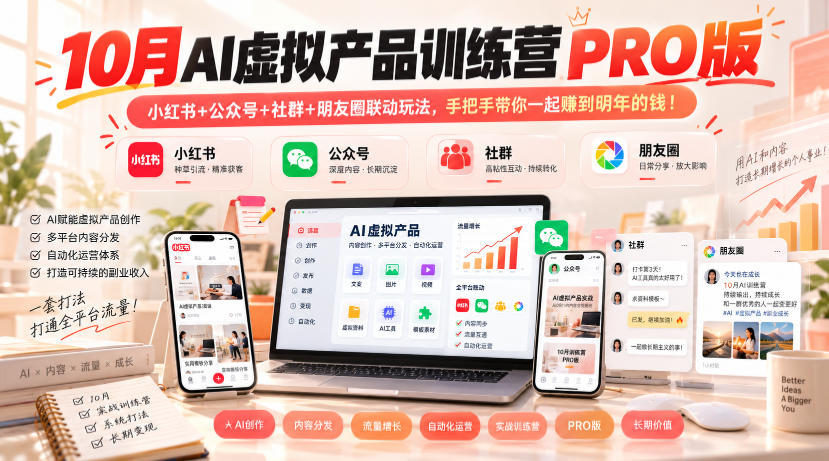 10月AI虚拟产品训练营PRO版，小红书+公众号+社群+朋友圈联动玩法，手把手带你一起赚到明年的钱！(更新1024) - 福创网