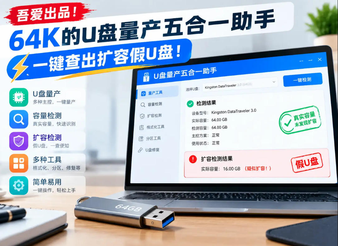 吾爱出品！64K的U盘量产五合一助手，一键查出扩容假U盘！ - 福创网