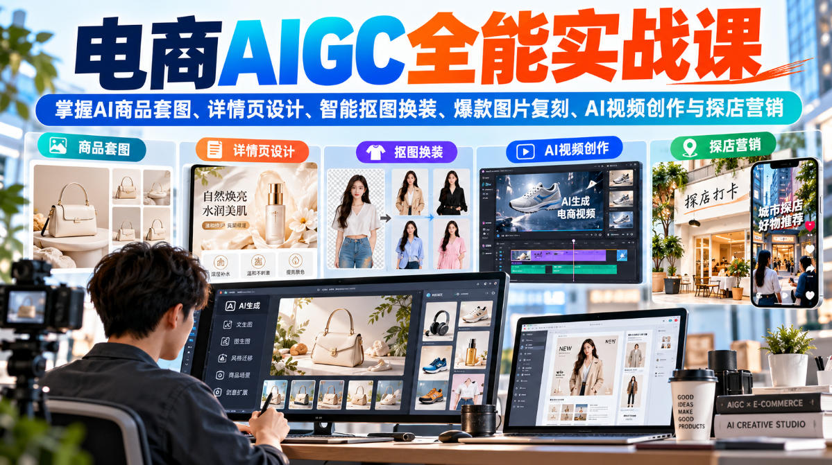 电商AIGC全能实战课：掌握AI商品套图、详情页设计、智能抠图换装、爆款图片复刻、AI视频创作与探店营销 - 福创网