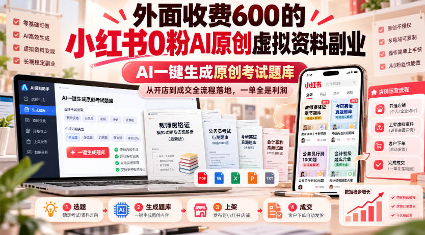 外面收费600的小红书0粉AI原创虚拟资料副业，AI一键生成原创考试题库，从开店到成交全流程落地，一单全是利润 - 福创网