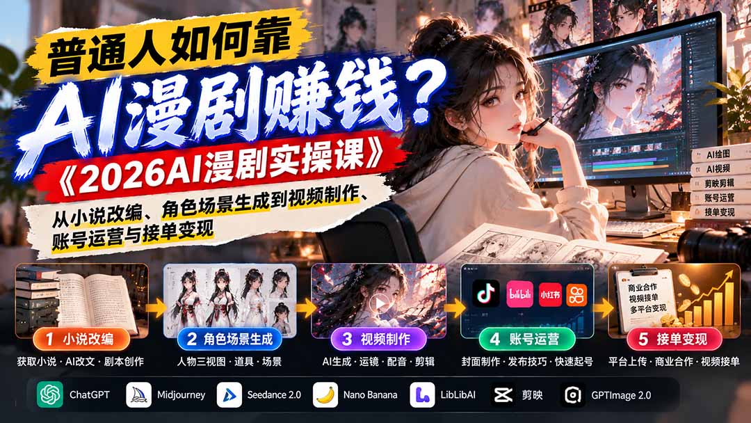 普通人如何靠AI漫剧赚钱？《2026AI漫剧实操课》从小说改编、角色场景生成到视频制作、账号运营与接单变现 - 福创网